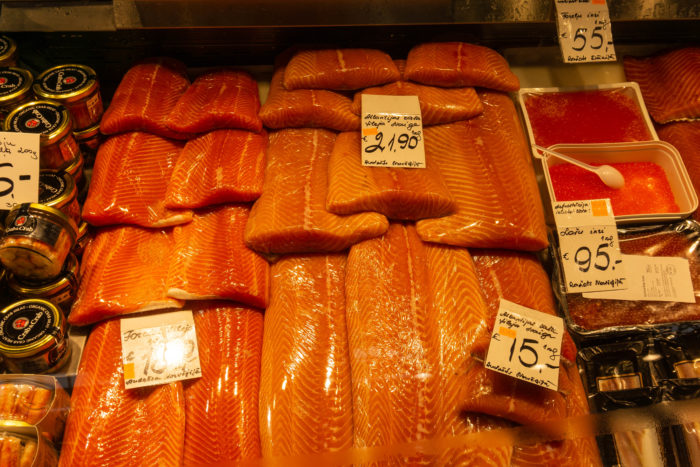 One of the many salmon stalls at Riga Central Market