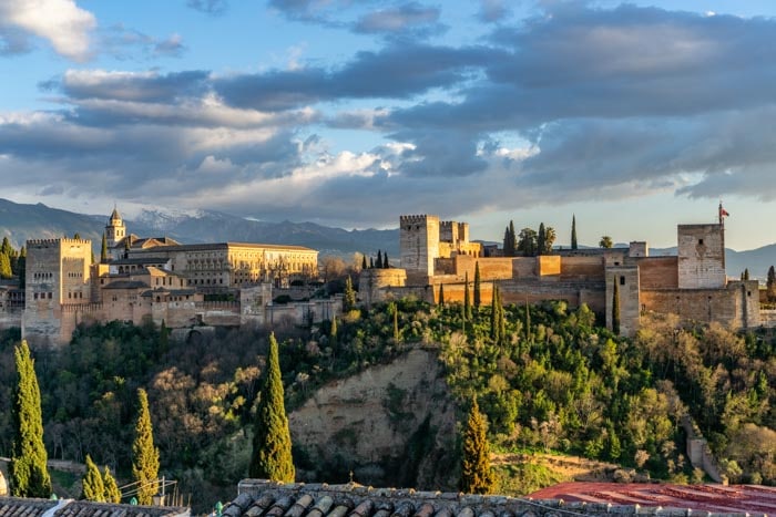 The view of Granada's Alhambra at sunset