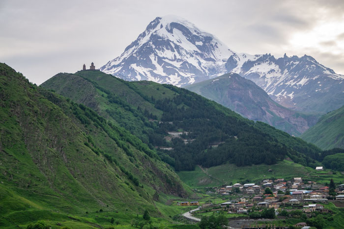 View of Mount Kazbek in Stepantsminda, Georgia