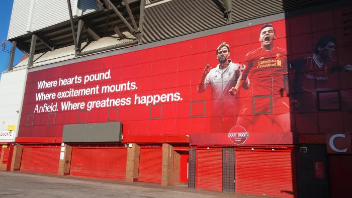 Sign outside Anfield Stadium in Liverpool