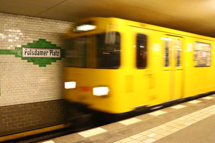 U-bahn arriving at the platform at Potsdamer Platz Station in Berlin