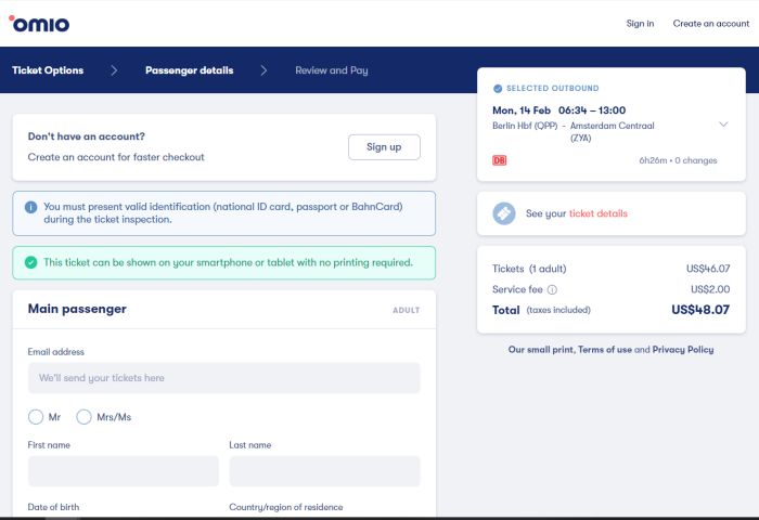 Omio Passenger Details Screen