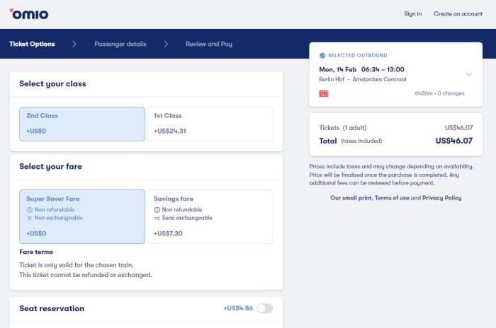 Omio Ticket Options Screen
