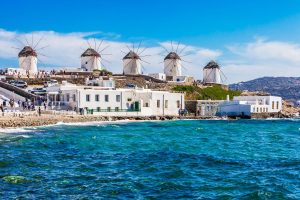 Mykonos windmills and sea