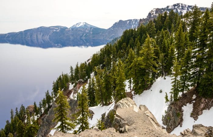 Hiking in Crater Lake during winter