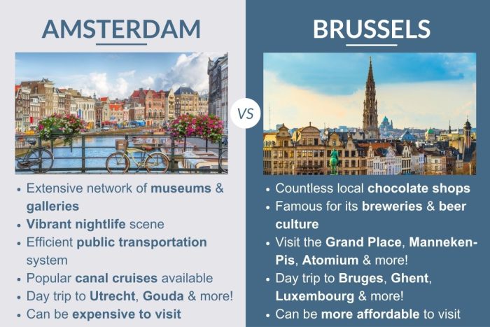 An infographic describing the differences between Amsterdam, Netherlands and Brussels, Belgium