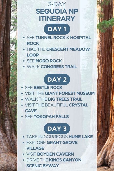 An infographic outlining a 3-day itinerary for Sequoia National Park in California