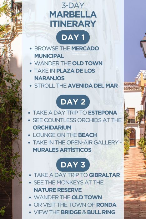 An infographic outlining a 3-day itinerary for Marbella, Spain