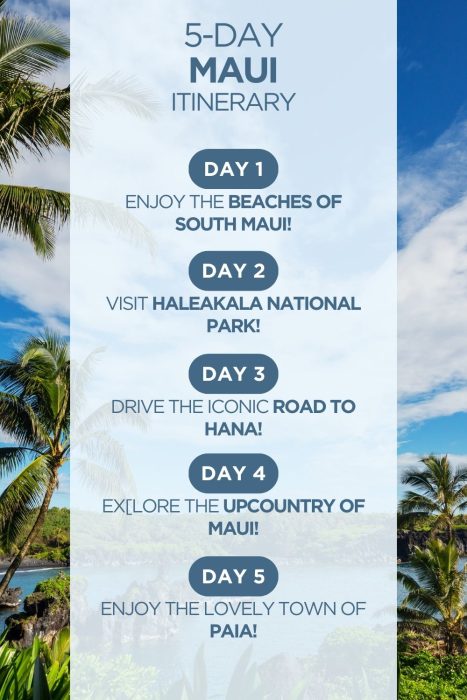 An infographic outlining a 5-day itinerary for the island of Maui in Hawaii