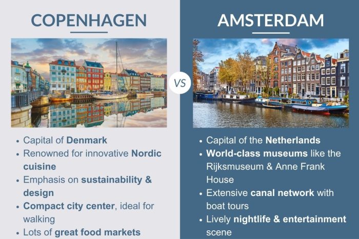 An infographic describing the differences between Copenhagen and Amsterdam