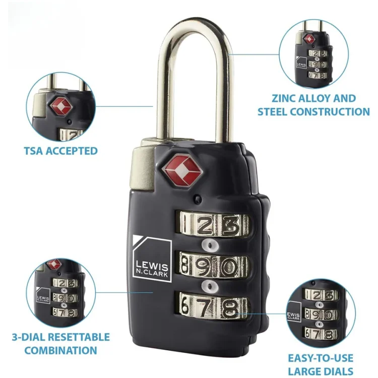 1x Lewis N Clark TSA Approved Combination Travel Lock - Black with Features