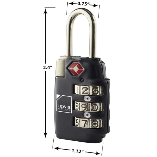 1x Lewis N Clark TSA Approved Combination Travel Lock - Black with Dimensions