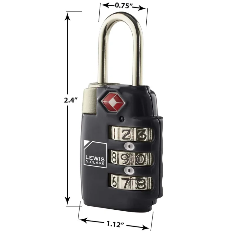1x Lewis N Clark TSA Approved Combination Travel Lock - Black with Dimensions
