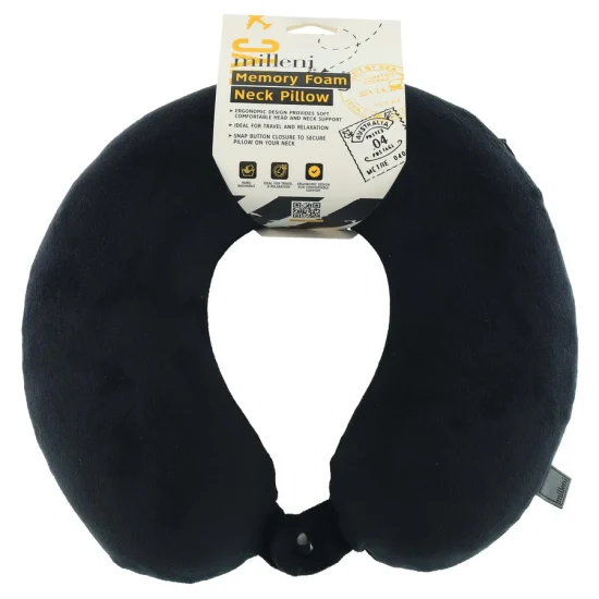 Milleni Memory Foam Travel Neck Pillow - Black - In Package