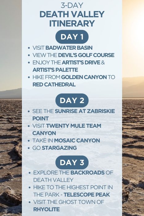 An infographic outlining highlights of a 3-day itinerary for Death Valley National Park
