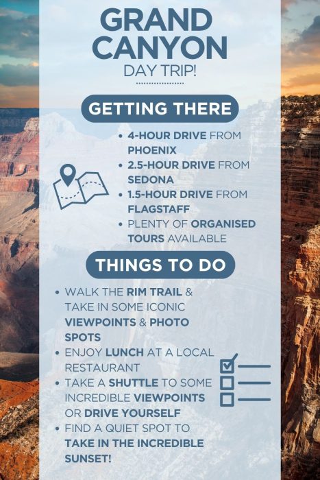 An infographic outline how to get there and things to do in a day trip to the grand canyon