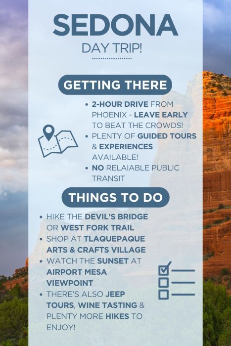 An infographic outline how to get there and things to do in a day trip to sedona, arizona