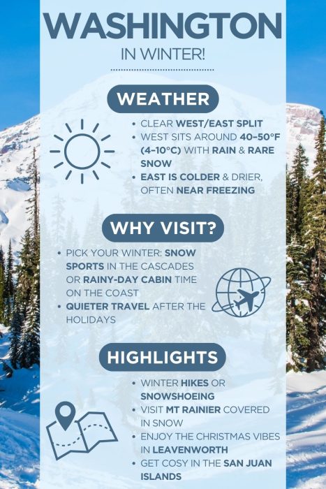 An infographic with images of Washington with text saying "Washington in winter" & describing the weather, why visit and highlights of visiting