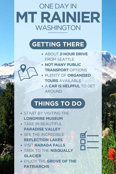 An infographic outlining the highlights of spending a day in Mt Rainier