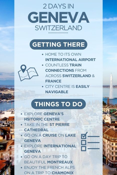 Infographic titled "2 Days in Geneva, Switzerland" overlaid on an aerial photo of Geneva showing Lake Geneva, the Jet d'Eau fountain, and the city's rooftops. The infographic covers two sections: "Getting There" — noting Geneva has its own international airport, train connections from across Switzerland and France, and an easily navigable city centre — and "Things To Do" — including exploring Geneva's historic centre, St Pierre Cathedral, a cruise on Lake Geneva, International Geneva, a day trip to Montreux, and a trip to the French Alps via Chamonix.