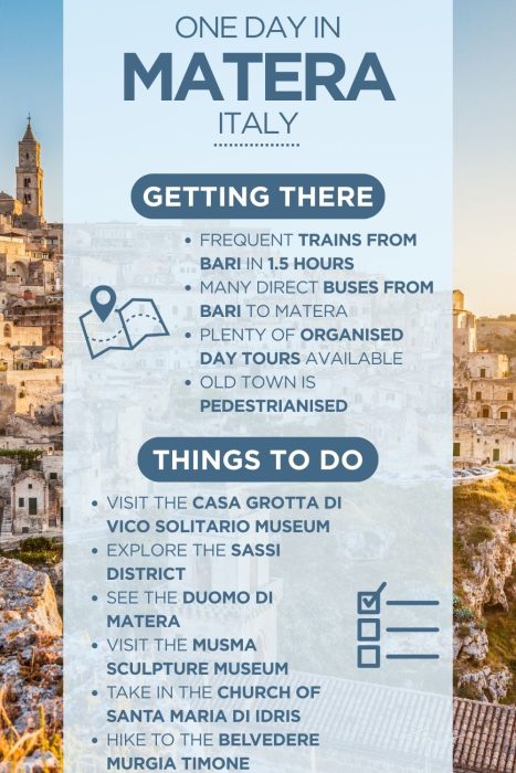 An infographic outlining the highlights of spending a day in Matera, Italy