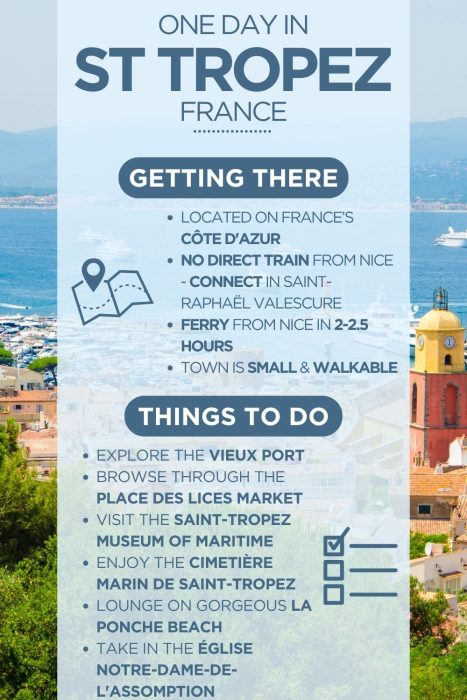 Infographic titled "One Day in St Tropez, France" overlaid on a photo of the St Tropez coastline and town, featuring the iconic red church bell tower with a yellow dome. The infographic covers two sections: "Getting There" — noting the town is located on France's Côte d'Azur, has no direct train from Nice (connect at Saint-Raphaël Valescure), offers a ferry from Nice in 2–2.5 hours, and is small and walkable; and "Things To Do" — including exploring the Vieux Port, browsing Place des Lices Market, visiting the Saint-Tropez Museum of Maritime, enjoying the Cimetière Marin de Saint-Tropez, lounging on La Ponche Beach, and visiting the Église Notre-Dame-de-l'Assomption.